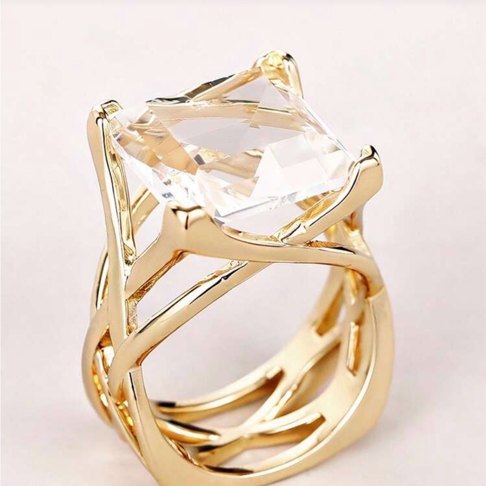 Gold Statement Ring With Clear Crystal Center Siz… - image 1